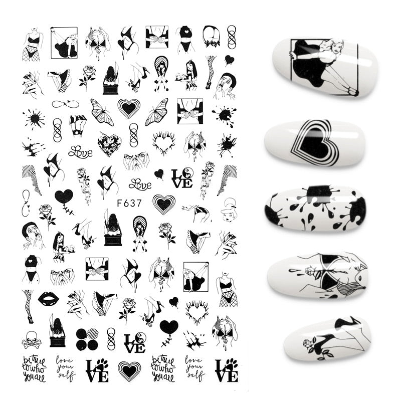 3D Flower Nail Stickers Women Face Sketch Abstract Butterfly Image Sexy Girl Nail Art Decor Sliders Manicure Stickers for Nails